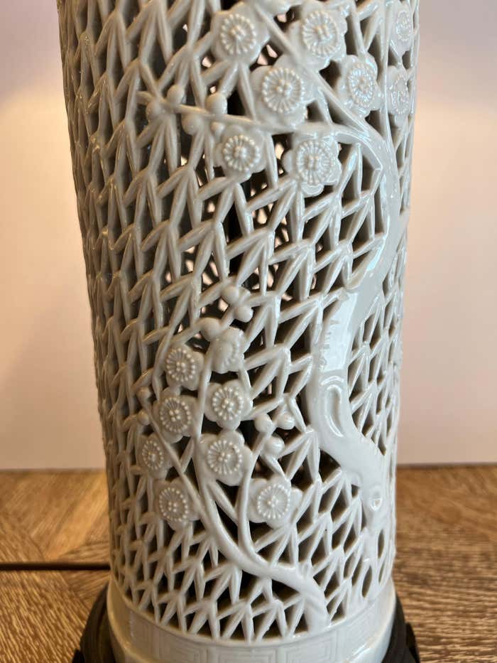 Pair of Perforated Porcelain White Lamps