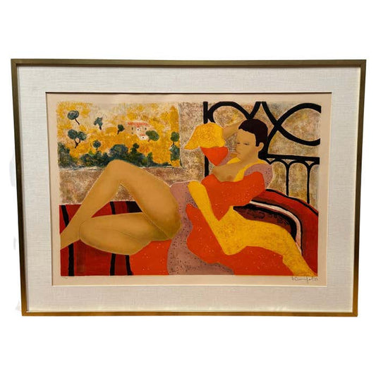 Colourful "Nude in Bed" Lithograph by Alain Bonnefoit