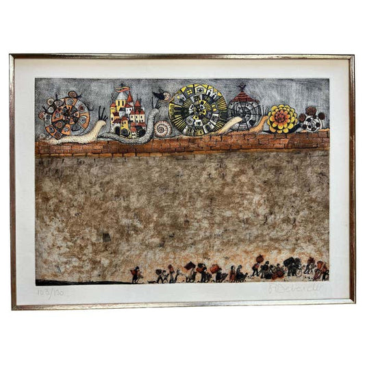 Snails and Workers, a metaphor of Capitalism and Modern Life - Beige and Brown Lithograph