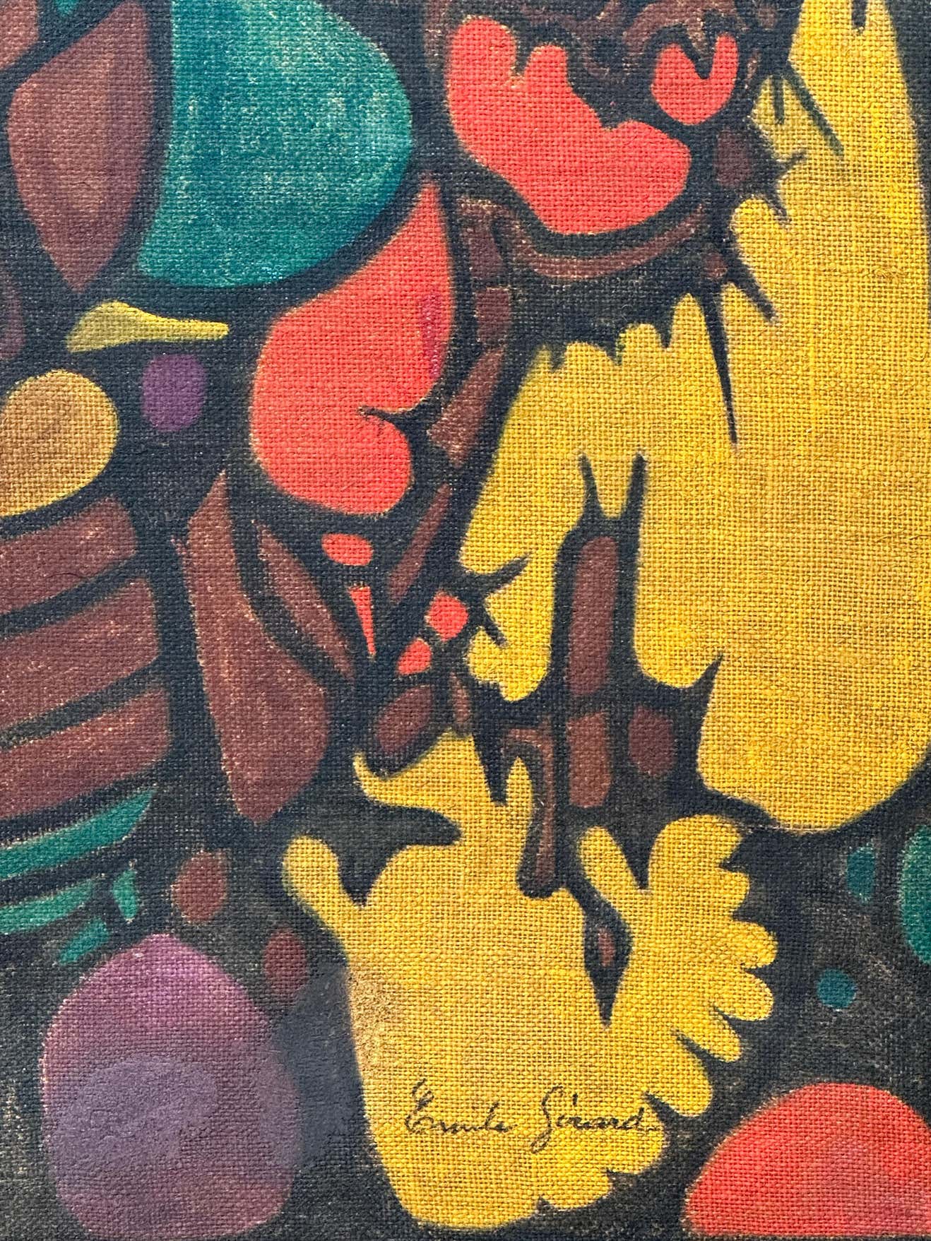 Colourful Abstract Gouache on Burlap by French Painter Emile Gerard