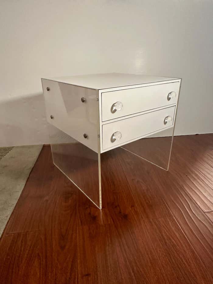 Pair of White Formica and Lucite Side Tables