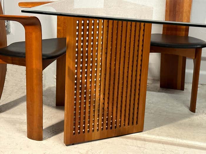 Teak Lattice Trestles Dining Room Glass Top Table