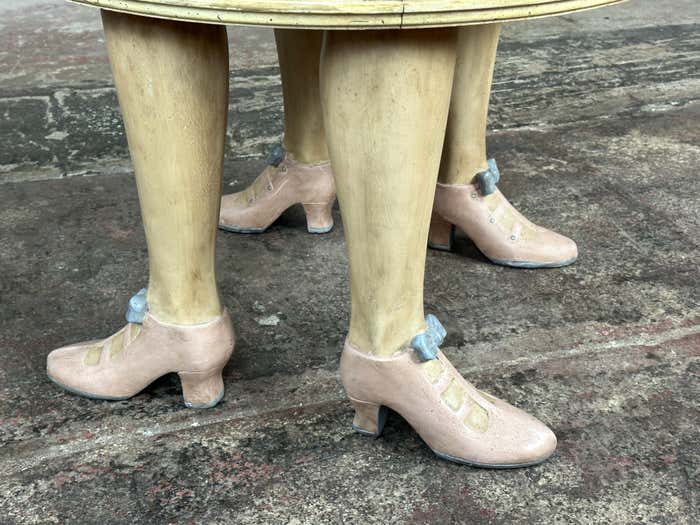 Hand Carved and Painted Folk Art Accent Wood Coffee Table with Pink Shoes