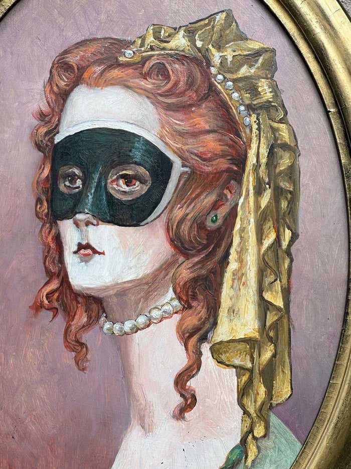 Masked Women #1, Oval Oil Portrait in a Gold Frame by Palmer Schoppe
