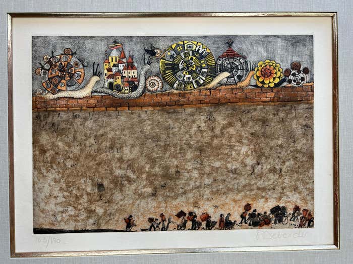 Snails and Workers, a metaphor of Capitalism and Modern Life - Beige and Brown Lithograph