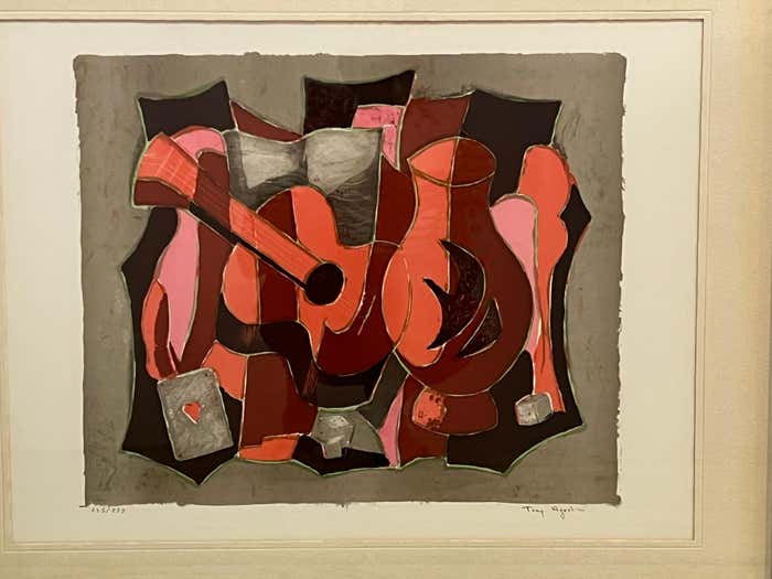 "Guitar and Wine" Modern Orange, Pink and Black Lithograph by Tony Agostini
