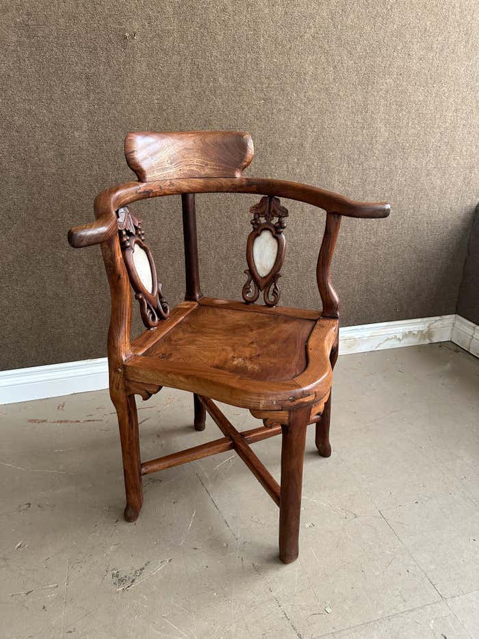 Chinese Rosewood and White Marble Inlay Corner Chair - a Pair