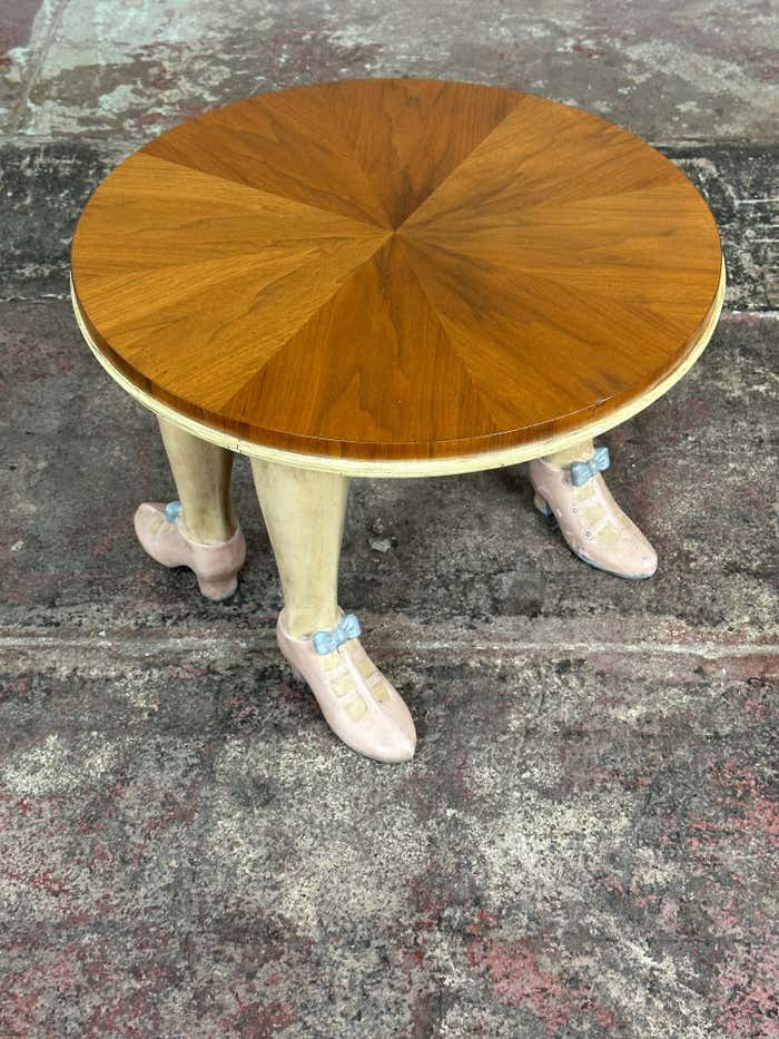 Hand Carved and Painted Folk Art Accent Wood Coffee Table with Pink Shoes