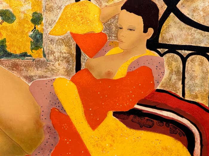 Colourful "Nude in Bed" Lithograph by Alain Bonnefoit