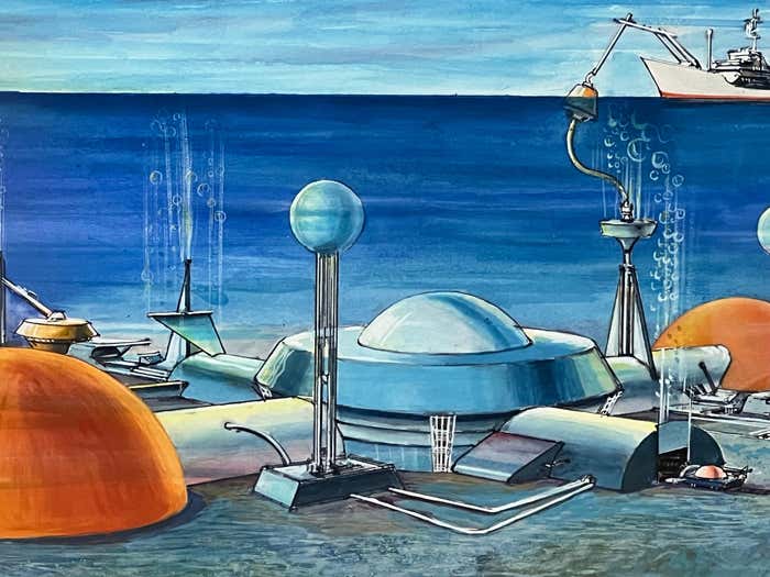 Submarine Dystopia #2 Futuristic Underwater Landscape Gouache