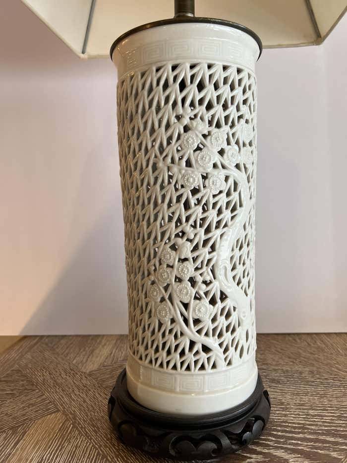 Pair of Perforated Porcelain White Lamps
