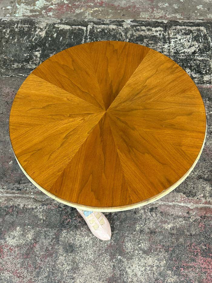 Hand Carved and Painted Folk Art Accent Wood Coffee Table with Pink Shoes