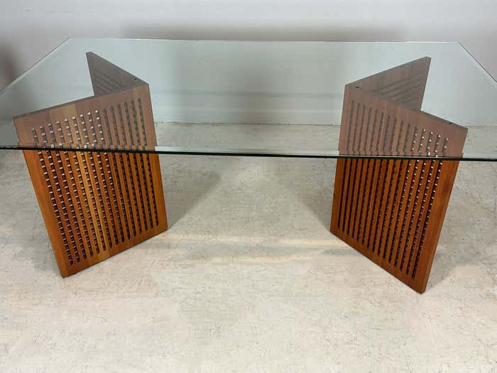 Teak Lattice Trestles Dining Room Glass Top Table