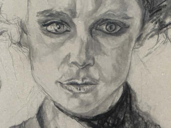 Charcoal Portrait Drawing of a Woman in Period Outfit