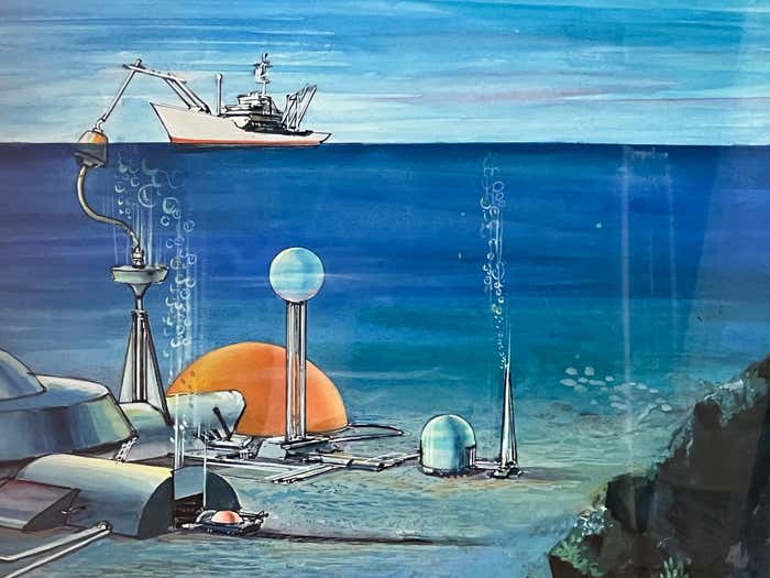 Submarine Dystopia #2 Futuristic Underwater Landscape Gouache