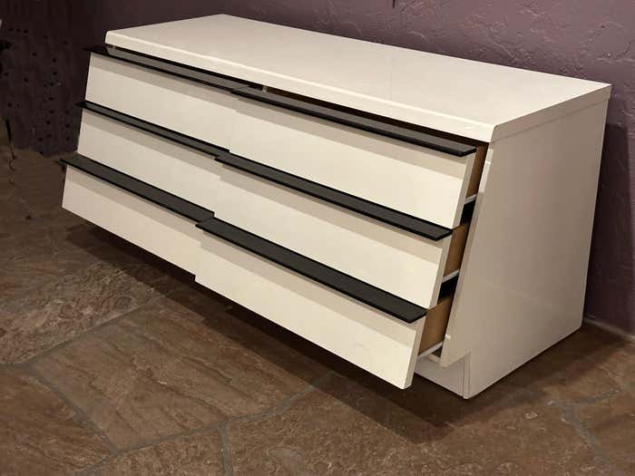 Modern Large White Lacquer Dresser with Long Black Handles