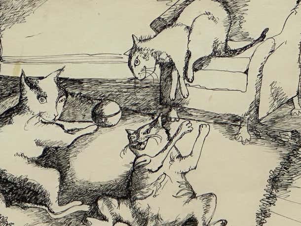 "Playful Pets" Satirical Ink Drawing of Three Cats
