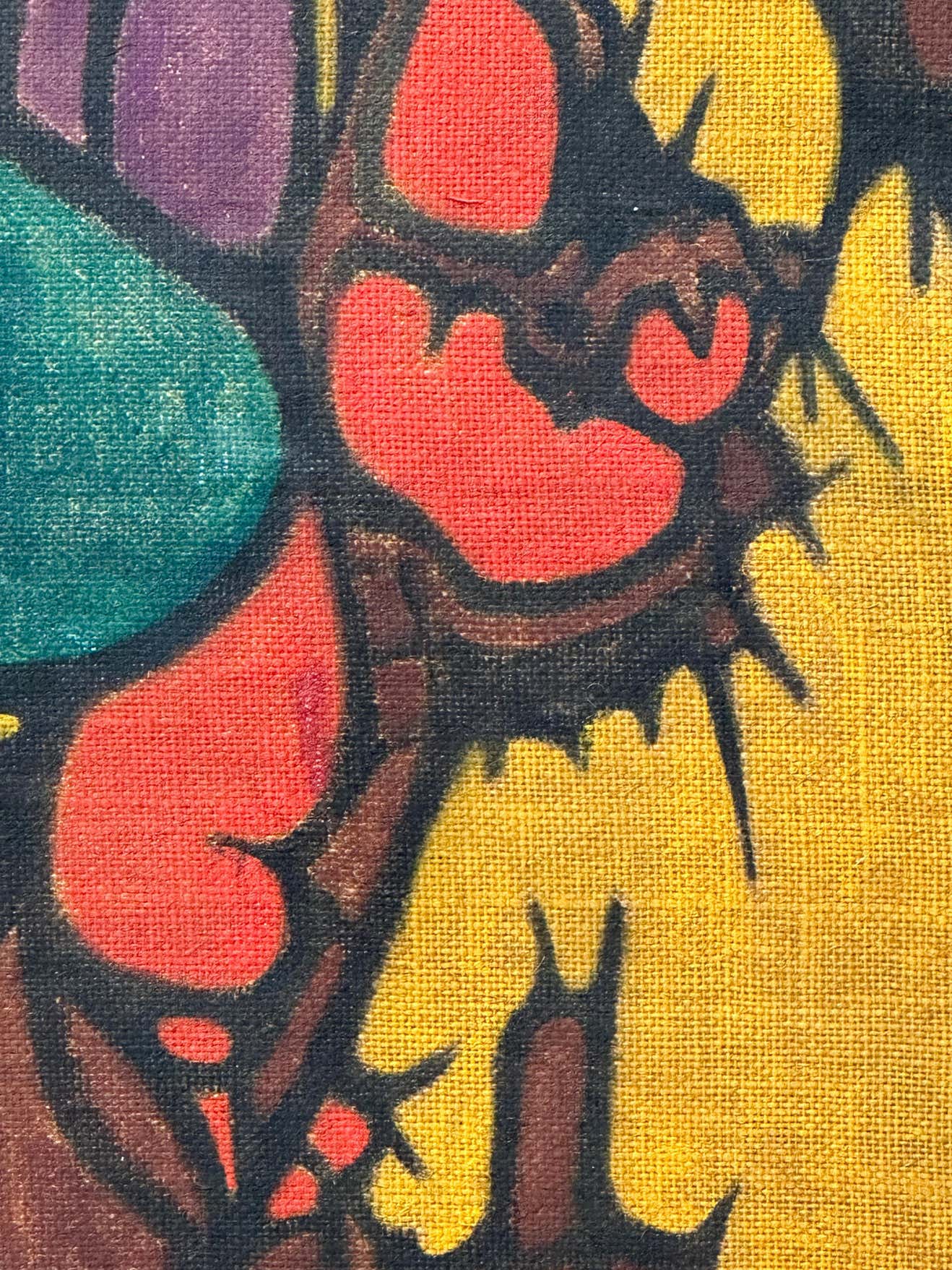 Colourful Abstract Gouache on Burlap by French Painter Emile Gerard