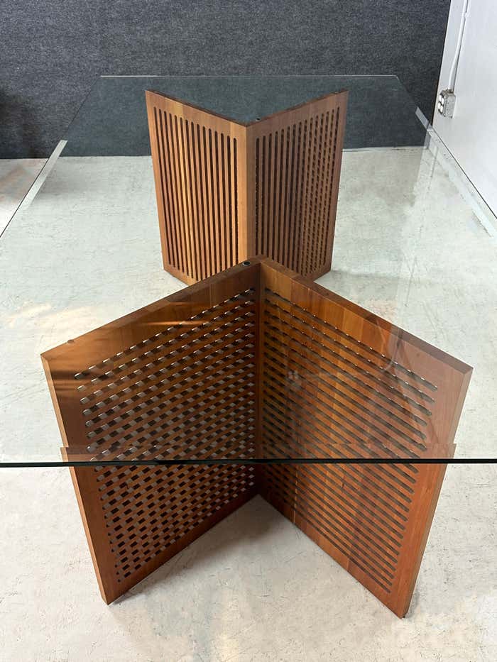 Teak Lattice Trestles Dining Room Glass Top Table