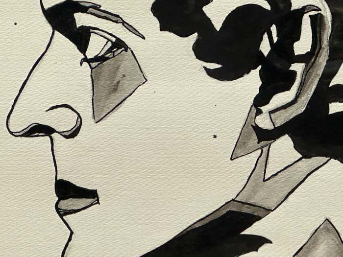 John Barrymore in Hamlet, Ink and Watercolor Drawing Portrait