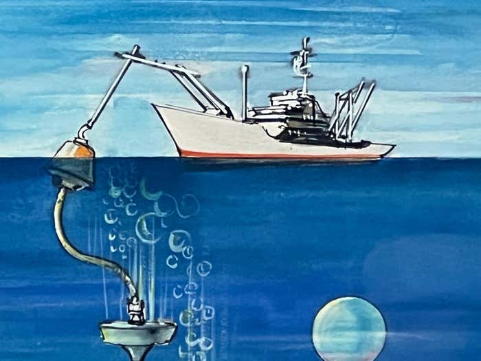 Submarine Dystopia #2 Futuristic Underwater Landscape Gouache