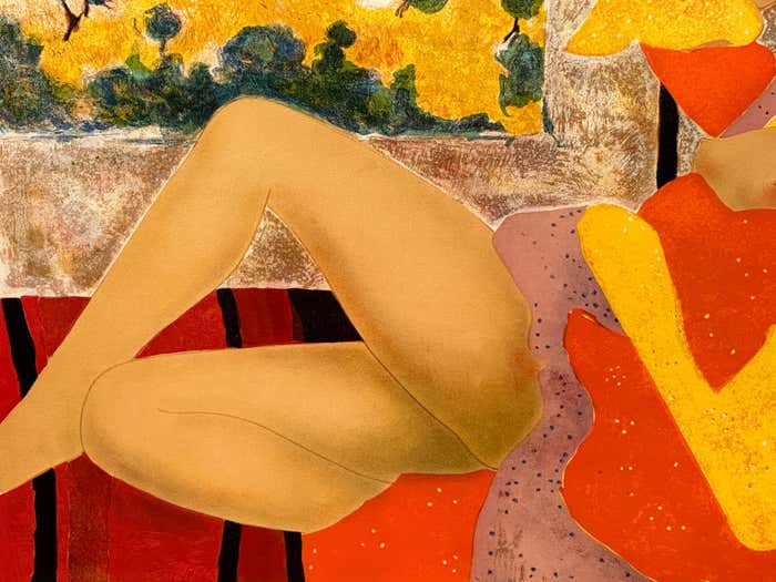 Colourful "Nude in Bed" Lithograph by Alain Bonnefoit