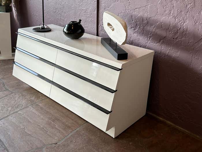 Modern Large White Lacquer Dresser with Long Black Handles