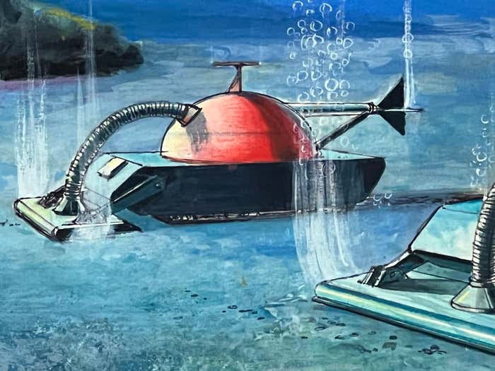Submarine Dystopia #1 Futuristic Underwater Landscape Gouache