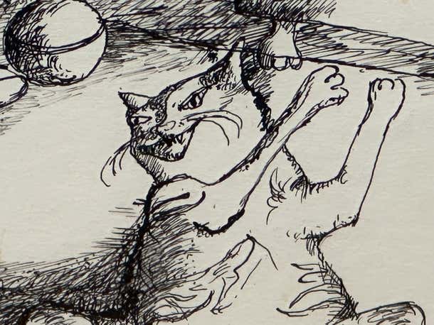 "Playful Pets" Satirical Ink Drawing of Three Cats