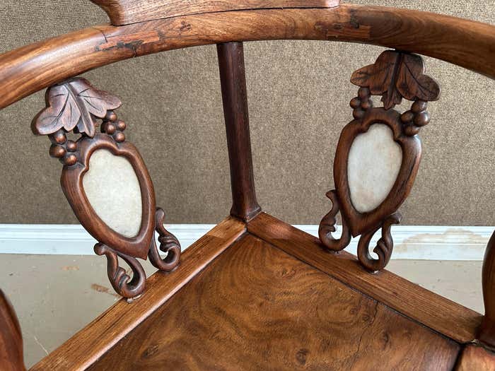 Chinese Rosewood and White Marble Inlay Corner Chair - a Pair