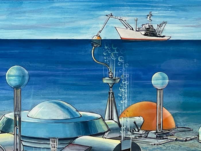 Submarine Dystopia #2 Futuristic Underwater Landscape Gouache