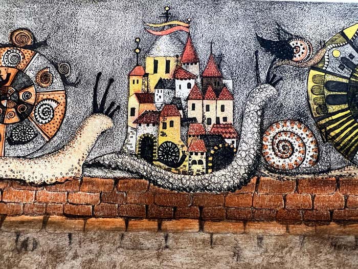 Snails and Workers, a metaphor of Capitalism and Modern Life - Beige and Brown Lithograph