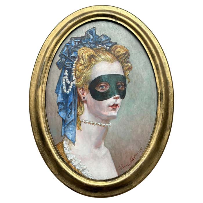 "Masked Woman #2", Oval Portrait on Oil in a Gold Frame by Palmer Schoppe