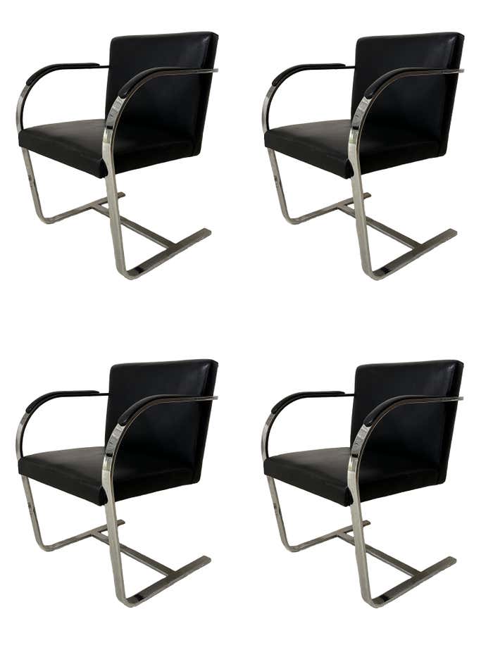 Set of Four Cantilever Black Leather and Chrome Brno Mies Van Der Rohe Chairs