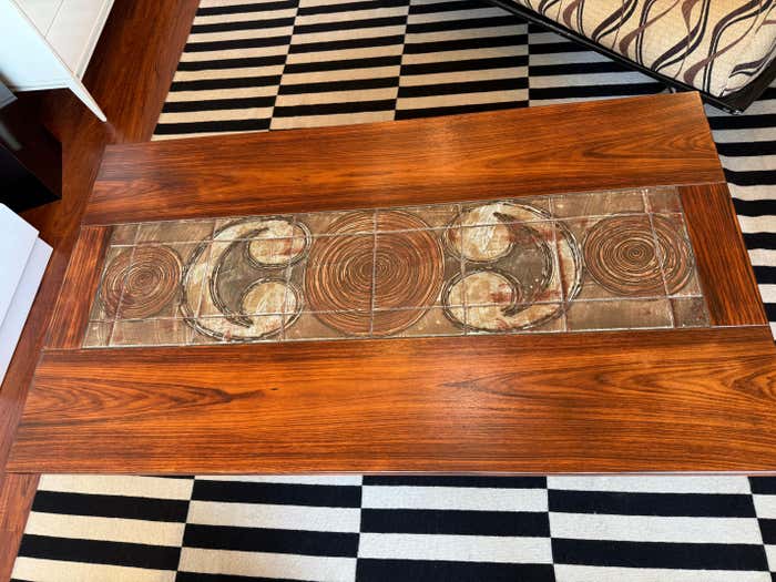 Mid-Century Danish Coffee Table with Rectangular Ceramic Tiles Center Piece