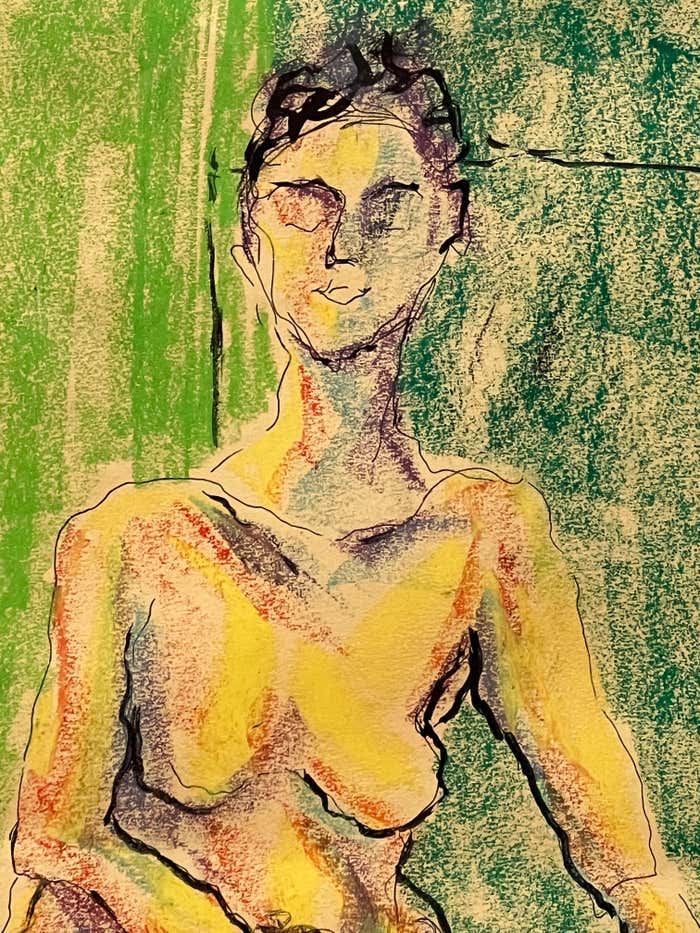 “Nude in the Green Realm” Sitting Woman Portrait - Pastel by Louis Nadalini