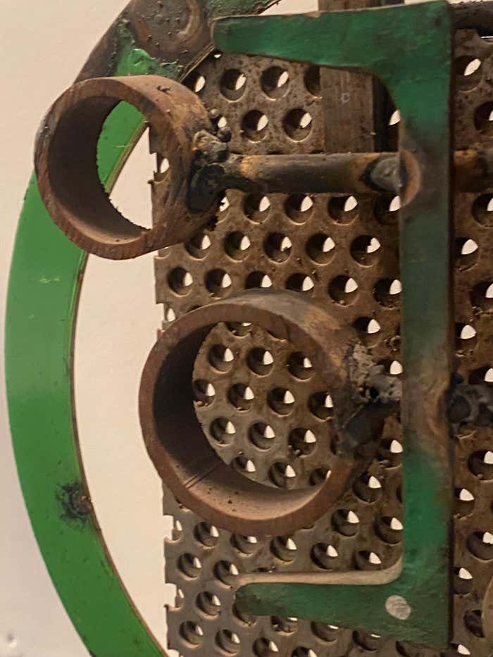 Vertical Brutalist Green and Metal Sculpture by Frank Cota