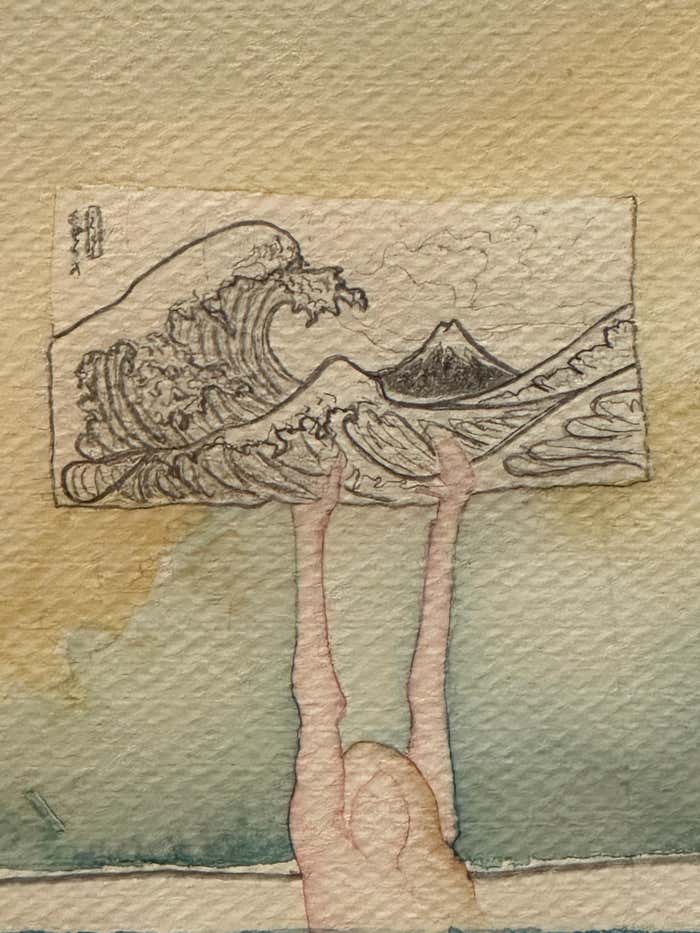 "The Woman and the Ocean", Watercolor featuring the Great Wave off Kanagawa