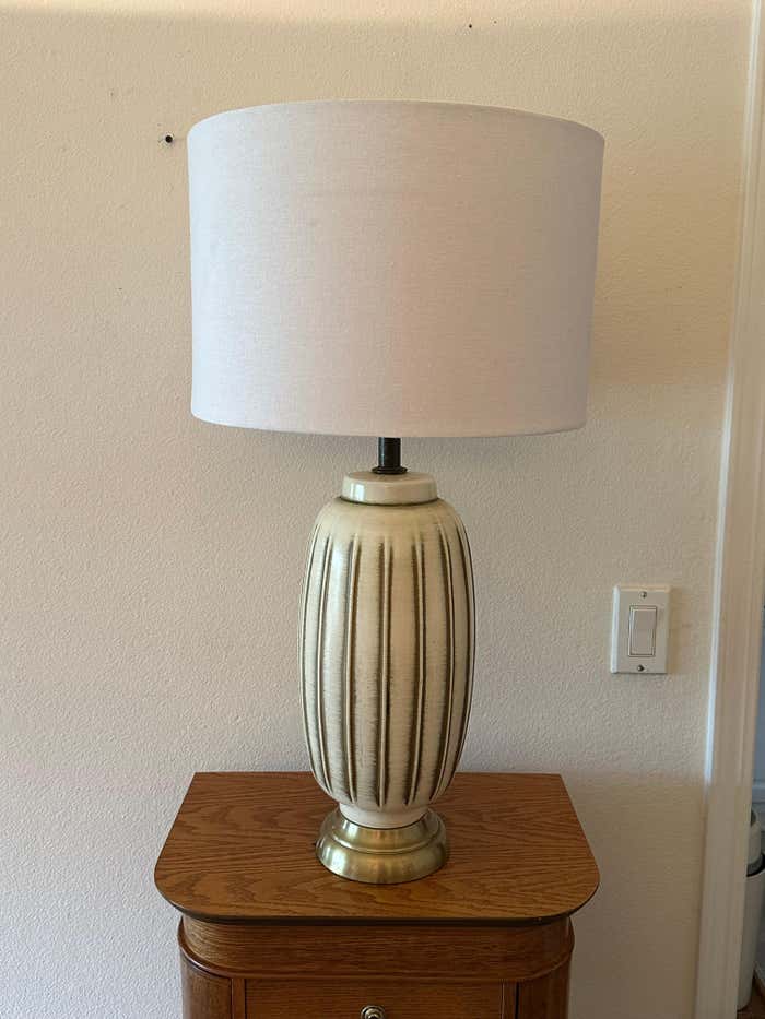 Pair of Mid-Century Ceramic Cream with Golden Stripes Table Lamps