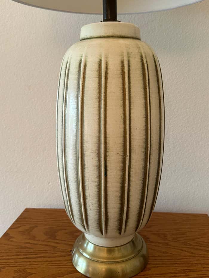 Pair of Mid-Century Ceramic Cream with Golden Stripes Table Lamps