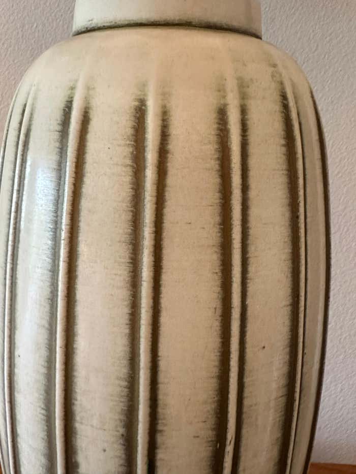Pair of Mid-Century Ceramic Cream with Golden Stripes Table Lamps