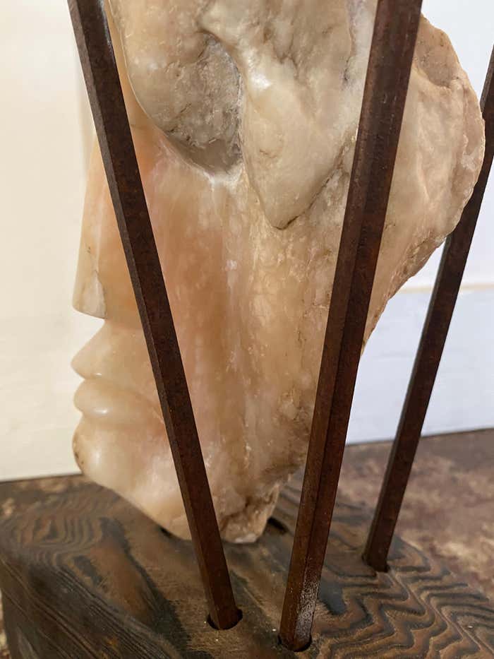 Metal Framed Alabaster Face Sculpture on Wood Base by Leon Saulter
