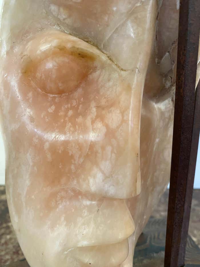 Metal Framed Alabaster Face Sculpture on Wood Base by Leon Saulter