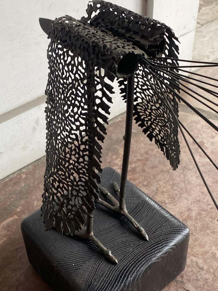 Modern Metal Bird Sculpture on Cerused Oak Base