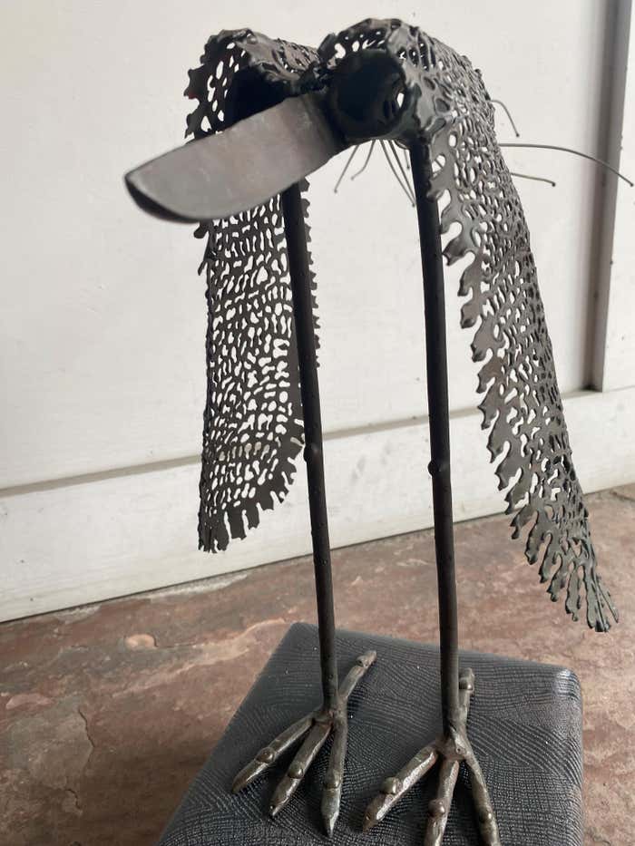 Modern Metal Bird Sculpture on Cerused Oak Base