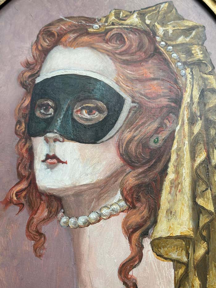 Masked Women #1, Oval Oil Portrait in a Gold Frame by Palmer Schoppe