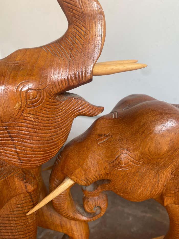"Fight or Play" Midcentury Modern Wooden Elephants Sculpture