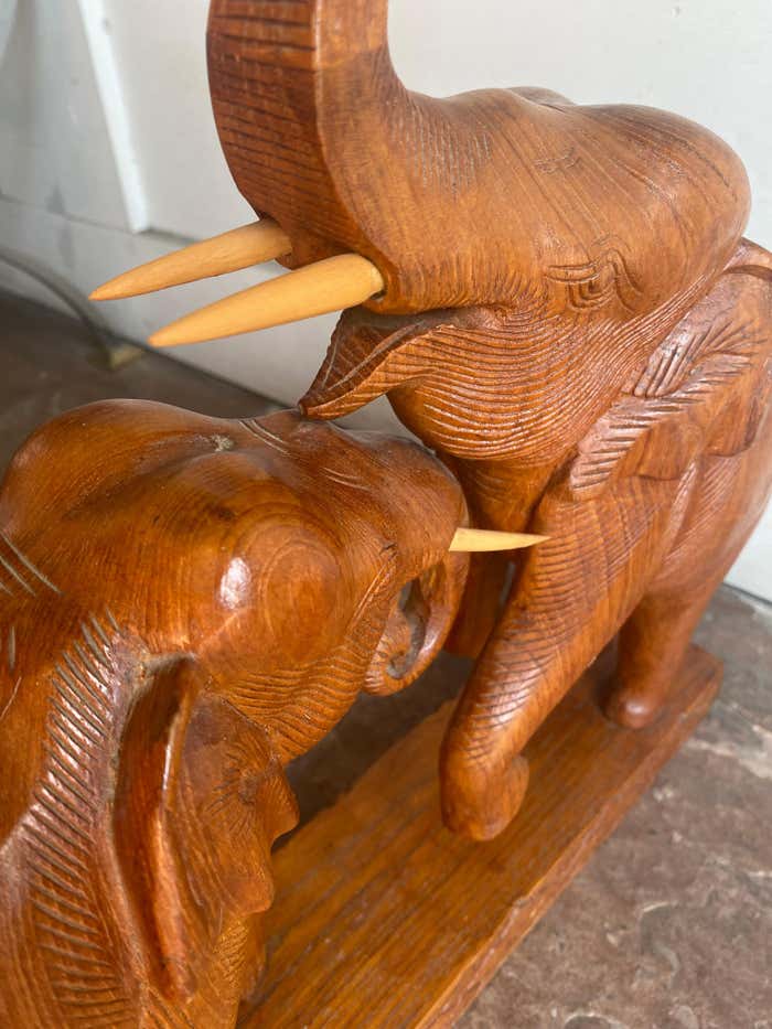 "Fight or Play" Midcentury Modern Wooden Elephants Sculpture