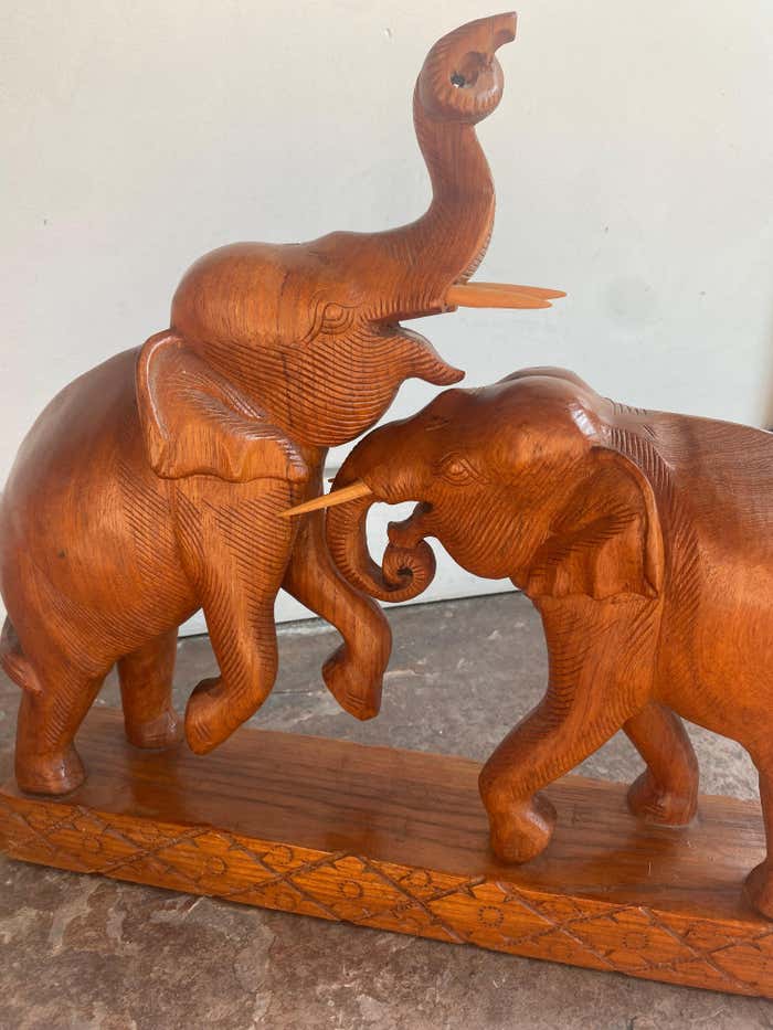 "Fight or Play" Midcentury Modern Wooden Elephants Sculpture