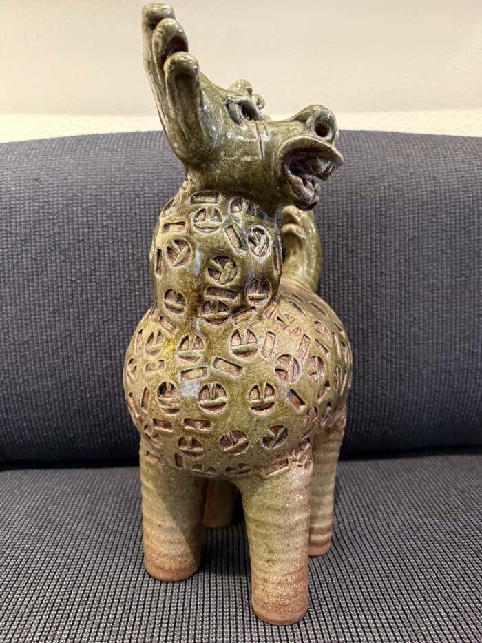 "Mythical Creature", Green Ceramic Sculpture by Dora De Larios